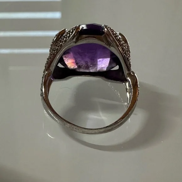 925 Sterling Silver Royal Purple Amethyst Cocktail Ring Size 9 Checkerboard Cut - Picture 7 of 9